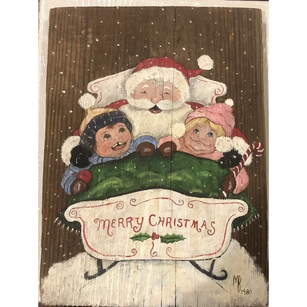 Christmas decor, wood sign with Santa and kids in sled, Vintage